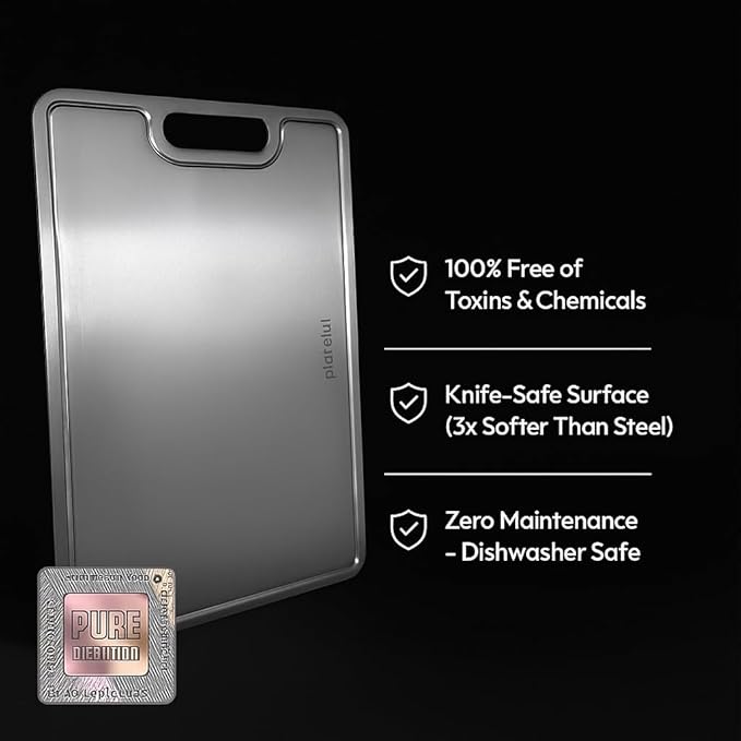 Plateful Titanium Cutting Board - Real, Titanium Cutting Boards for Kitchen With Juice Groove, Food Grade Chopping Boards, No Microplastics, Lasts a Lifetime (Large)