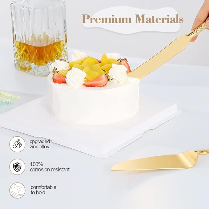 Cake Knife and Server Set for Wedding, Gold Cake Cutting Set, Elegant Cake Knives Cutter Set, Pie Pastry Servers, Birthday Bridal Quinceañera Gift (F-Flower)