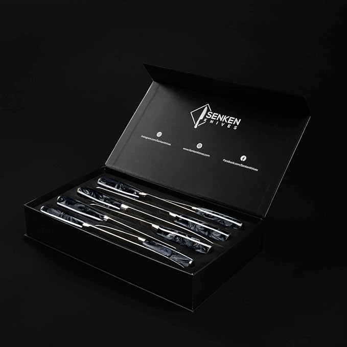 SENKEN 8-Piece Japanese Knife Set - Black Resin Handle, Laser Damascus Pattern - Onyx Collection - Chef's Knife, Cleaver, Santoku, Bread & Paring Knives