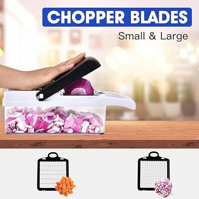 16-in-1 Vegetable Chopper Slicer & Dicer - Manual Food Chopper with 8 Stainless Steel Blades, 1.2L Container for Kitchen, Onion Cutter, Veggie Slicer, Hand Operated, White