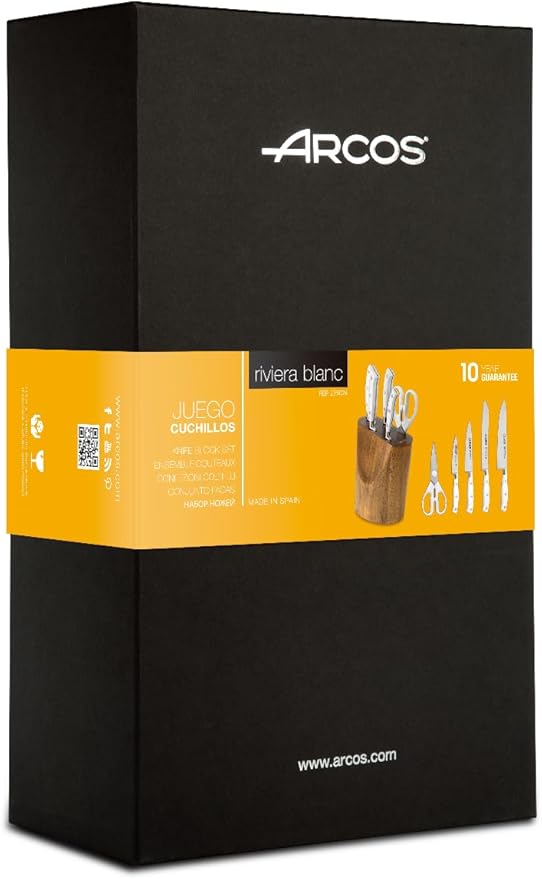 Arcos Forged Knife Block 5 pieces Nitrum Stainless Steel. 4 Professional Kitchen Knives with Ergonomic Polyoxymethylene POM Handle. Series Riviera Blanc. Color White