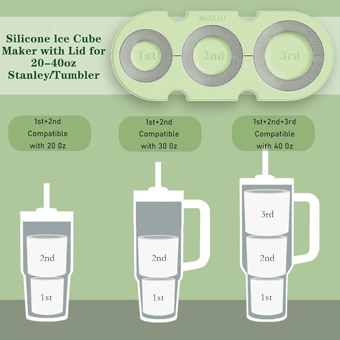 2PC Ice Mold for Stanley Cup 30/40 Oz - Easy Fill and Release Without Touching Ice, Silicone Ice Cube Tray with Clear Lid and Bin for Freezer, Whiskey, Cocktail (Green+Green)