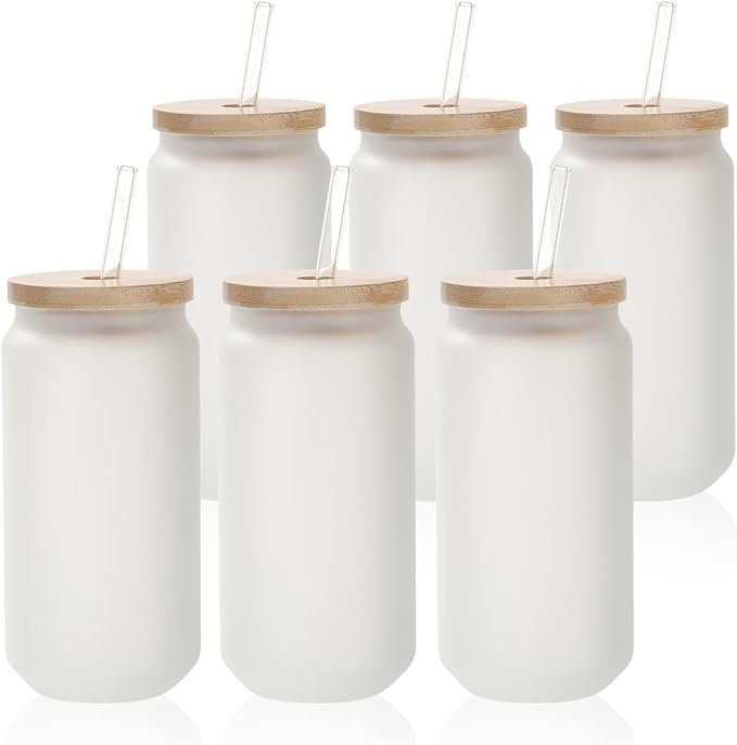 PYD Life Sublimation Glass Cans Blanks Frosted 18 OZ with Bamboo Lid and Clear Glass Straw Beer Cans Wide Mouth Jar Tumbler Cups Mugs for Iced Coffee,Juice,Soda,Drinks,Beer