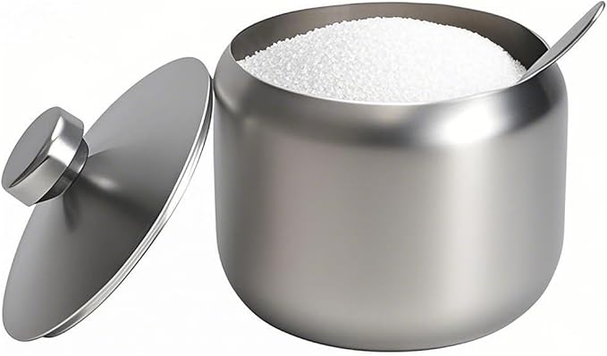 15oz Sugar Bowl with Lid And Spoon, Stainless Steel Sugar Creamer Container, Round Sugar Jar, Durable Sugar Pot for Coffee Bar Accessories, Coffee Bar Decor, Home and Kitchen Storage, Silver