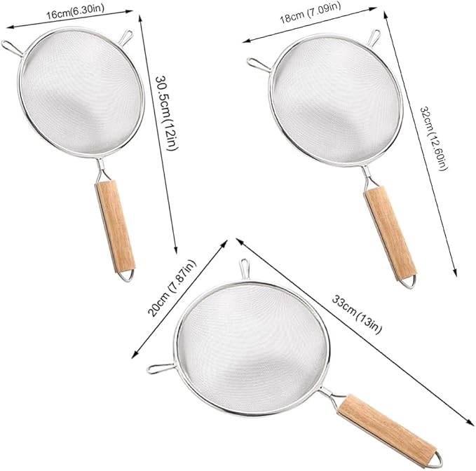 3Pcs Stainless Steel Fine Mesh Strainer Set Versatile Long-Handle Sieves for Flour Tea Coffee Oil Filtering(6Inch,7Inch,8Inch)