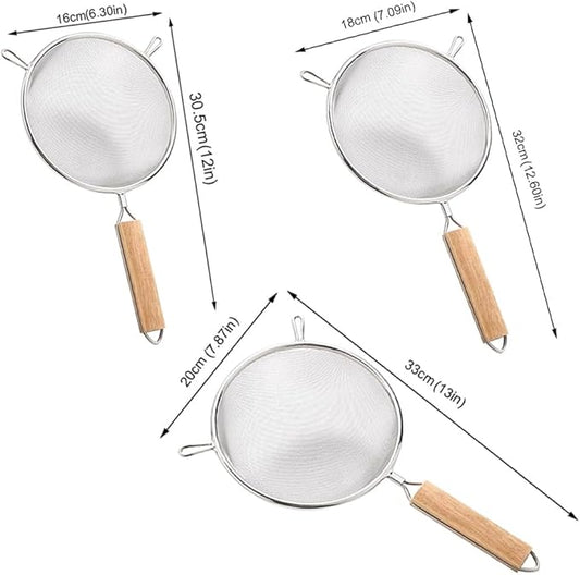 3Pcs Stainless Steel Fine Mesh Strainer Set Versatile Long-Handle Sieves for Flour Tea Coffee Oil Filtering(6Inch,7Inch,8Inch)