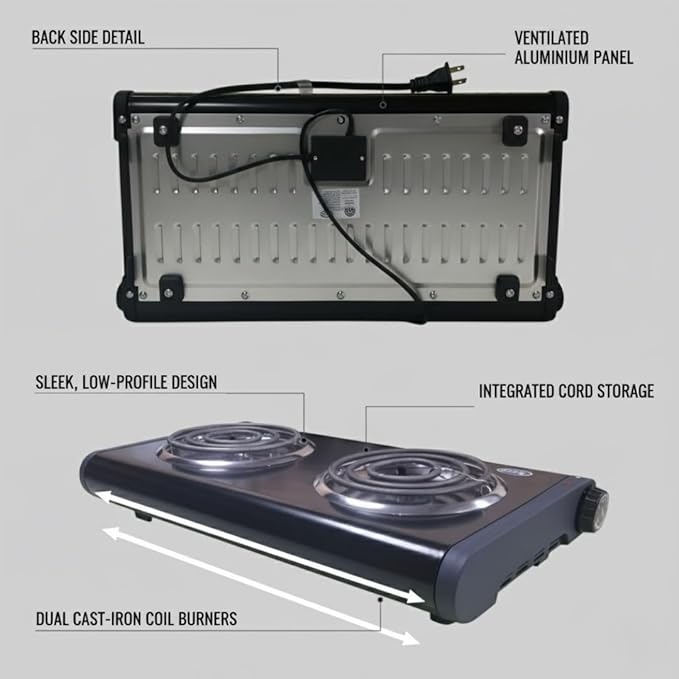 ALPINE CUISINE Electric Double Burner, 1500W, Dual Plate Portable Hot Plate for Indoor Cooking, Adjustable Temperature Control, Compact Design, 120V, Ideal for Home, Dorm, RV, or Travel Use