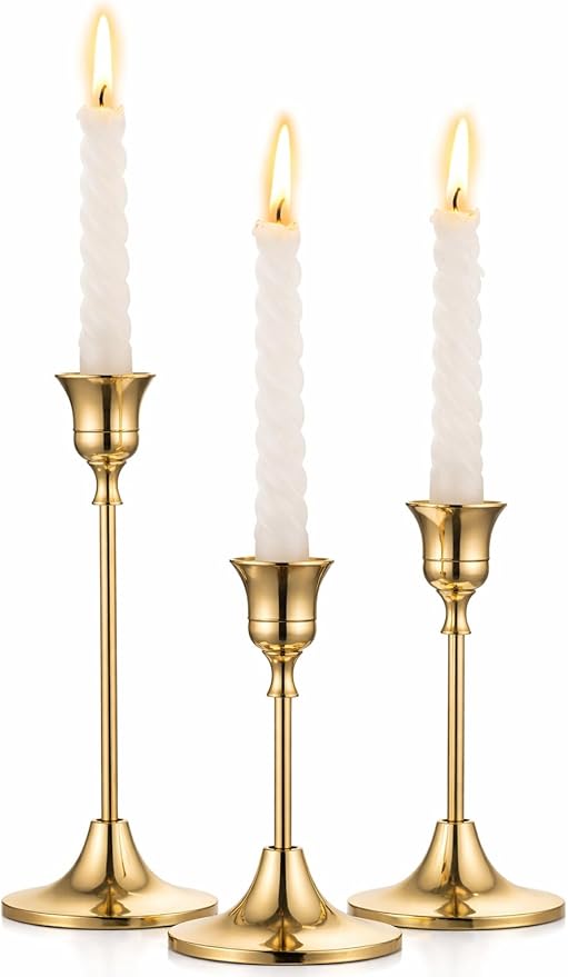 IBSales | Set of 3 Metal Taper Candle Holders – Gold Vintage-Inspired Decorative Centerpiece for Table, Mantel, Wedding, or Housewarming Gift – Elegant Modern Design.