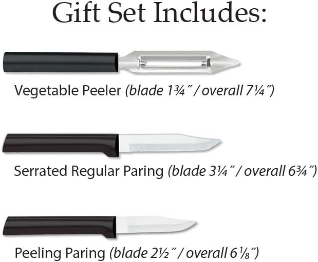 Rada Cutlery 3-Piece Kitchen Basics Knife Gift Set (G256), Stainless Steel Hollow Ground Blades, Made in USA, Black Handles