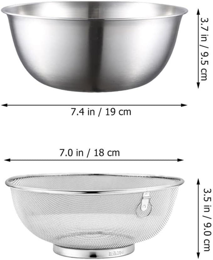 2Pcs Stainless Steel Colander Set with Fine Mesh Strainer & Mixing Bowl, Kitchen Basket for Washing Vegetables, Fruits & Rice, Easy-Clean, Multi-Function for Home Cooking & Meal Prep