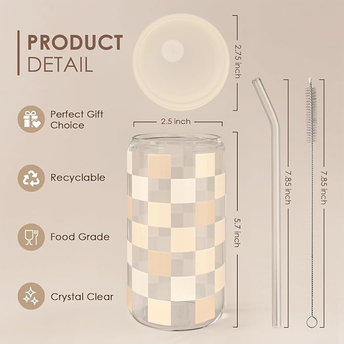 Checkerboard Glass Can, Beige Checker Cup with Lid & Straw, Iced Coffee Aesthetic Cups, Gift for Christmas Birthday Mother Day, Gifts for Women, 16oz