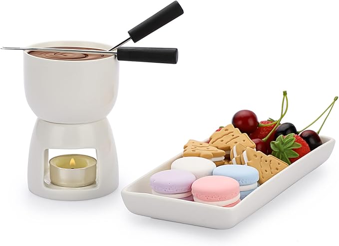 BSTKEY 150ML Ceramic Butter Warmer Set with Ceramic Rectangle Dish, Mini Fondue Pot Melting Pot Set, Melt Hot Pot Bowl Set For Cheese Chocolate Butter Caramel, with 2 Forks