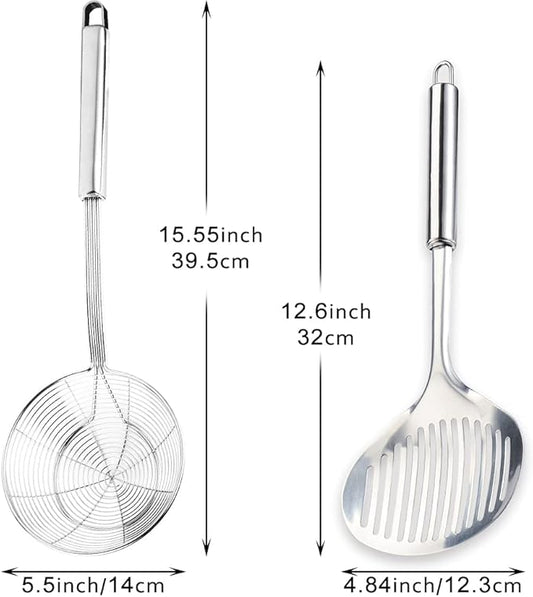 Multi Kitchen Utensil Stainless Steel Cooking Skimmer Slotted Fish Turner Spatula Spoon Colander Drain Water Filter Spoon Ladle Spider Strainer Skimmer Ladle for Cooking &Frying (2pcs)