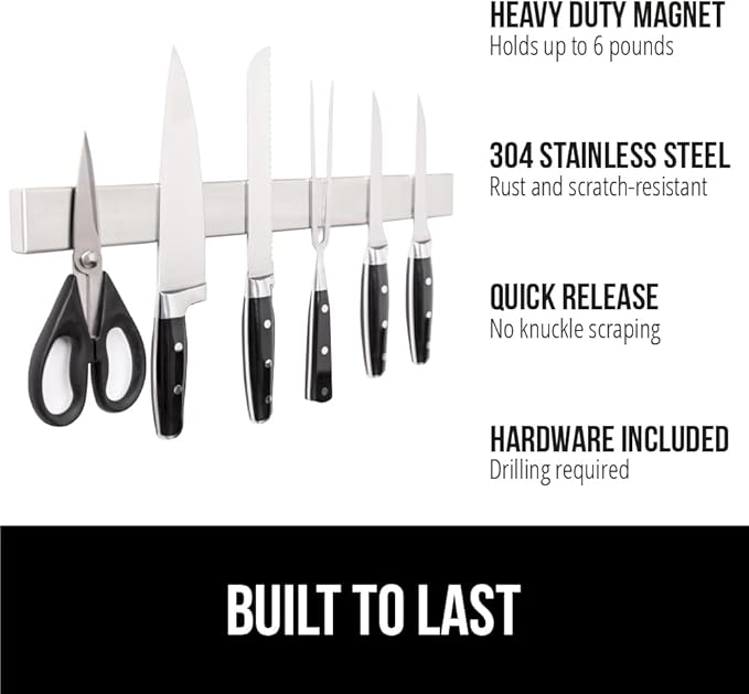 GORILLA GRIP Stainless Steel Magnetic Knife Holder for Wall, Magnet Bar for Knives, Tools, Supplies, Heavy Duty Metal Strip Holds Up to 6 lbs, Kitchen Organizer, 12 in, Non-Adhesive, Drilling Required