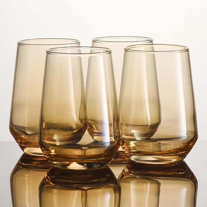 Modern Glass Drinking Cups Set, Clear Crystal Stemless Tumblers, 13.2 oz Capacity, 4.53 inch Height, 4 Pack (Golden) Kitchen Water Iced Tea Juice Beverage Glass