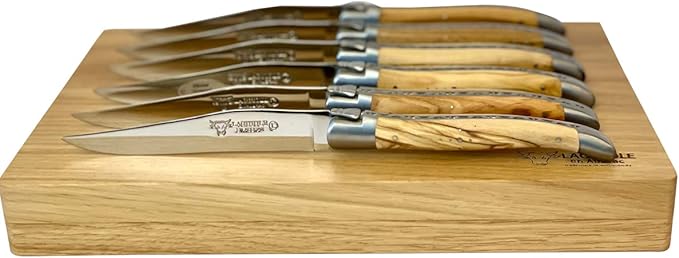 Laguiole en Aubrac Luxury Fully Forged Full Tang Stainless Steel Steak Knives 6-Piece Set with Olivewood Handle, Stainless Steel Matte Bolsters