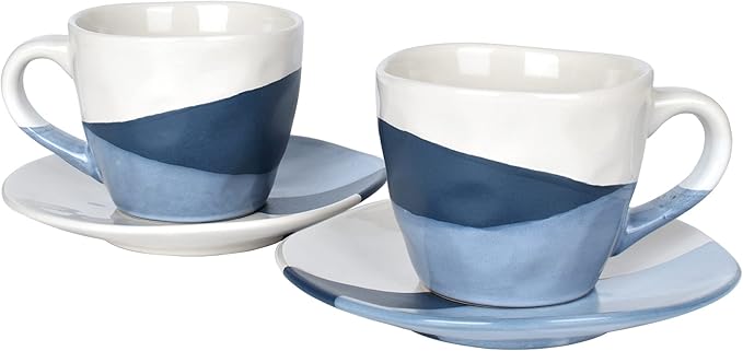 Bosmarlin Stoneware Coffee Cup Mug with Saucer Set of 2 for Latte, Cappuccino, Tea, Oz, Dishwasher and Microwave Safe (Geometric Blue, 2)