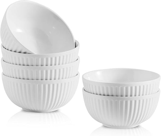 HASENSE Cereal Bowls Set Ceramic 24 Oz - 6 Inch Soup Bowl Set of 6 for Kitchen,Modern Ribbed White Porcelain Dishes for Entertaining,Soup,Oatmeal,Pasta,Cereal,Noodle - Dishwasher & Microwave Safe