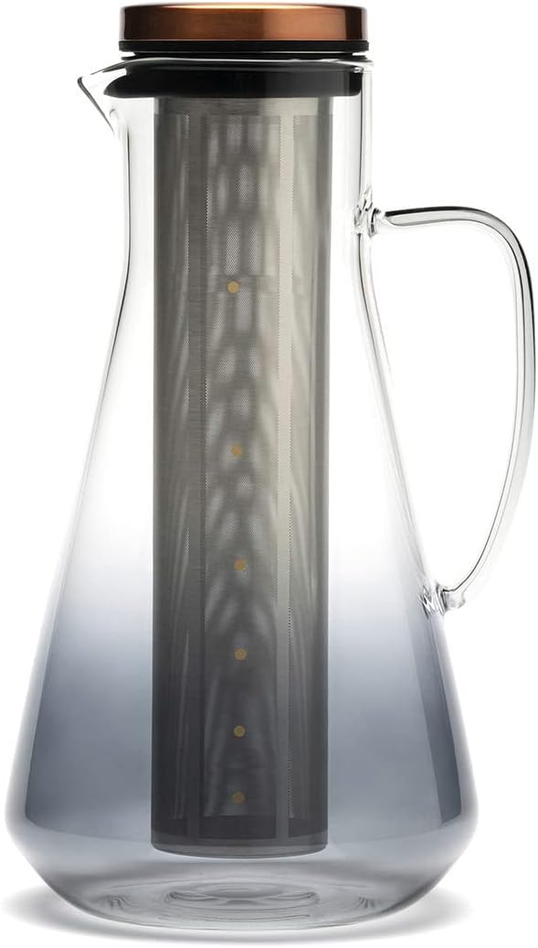 Sio Cold-Infusion Pitcher – 54 fl oz / 1600 mL Borosilicate Glass Pitcher with Micro-Fine 316 Stainless Steel Strainer & Copper-Plated Lid, Includes Measuring Scoop