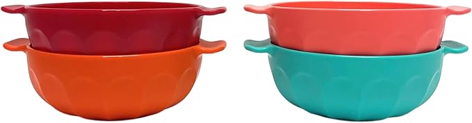 Mintra Home Unbreakable Plastic Bowl 4pk - Shatterproof, BPA Free, Reusable, Party Cups, BBQ, Colorful Set, indoors and outdoors (Teal, Orange, Dark Red, Salmon, Small with Handles - 550ml Set 2)