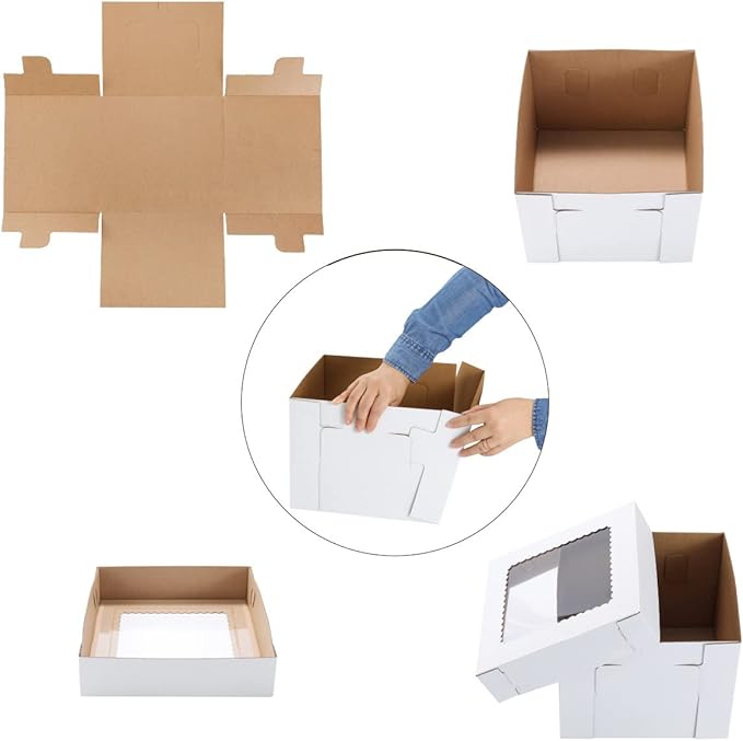 Huoshange Tall Cake Boxes for Tier Cakes,8x8x8 Inch [12Pack ] Thick Sturdy Cake Box with Window, White Cake Carrier,Disposable Cake Containers