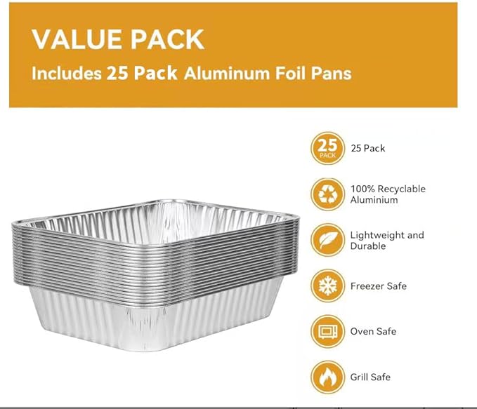 BondOnLum Disposable Aluminum Foil Pan, Family Size Baking Container, Deep Rectangular,9×13 Half Size,Tin Pans for Roasting,Catering,Picnic or Holiday needs (25 Pack)
