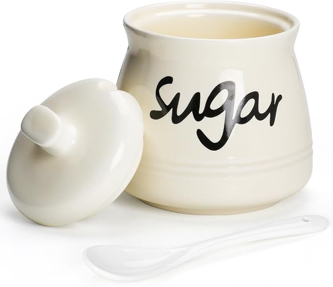 Porcelain Sugar Bowl with Lid and Spoon,12 Ounces Ceramic Sugar Jar Sugar Dispenser,Sugar Container for Home and Kitchen Decor (Cream)
