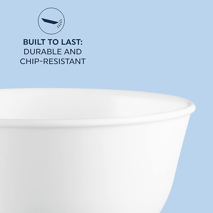 Corelle Vitrelle 28-oz Soup/Cereal Bowls Set of 6 Chip & Crack Resistant Dinnerware Bowls for Soup, Ramen, Cereal and More, Triple Layer Glass, Winter Frost White