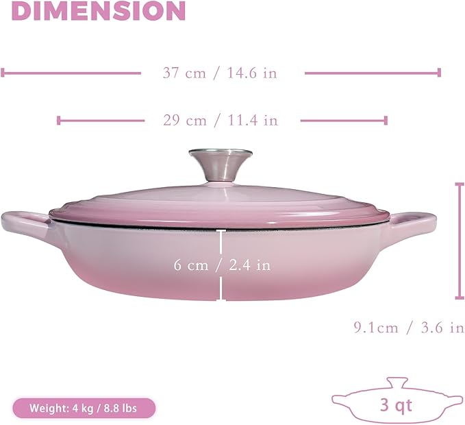 Flavehc Braiser Enameled Cast Iron 3 qt Braiser Pan with Lid Pink Shallow Cast Iron Casserole with Handels