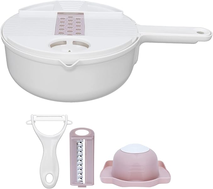 Fdit Multi Vegetable Cutter, 12 in 1 Manual Food Chopper with Hand Guard, Stainless Steel Blades, White, Kitchen Slicing Tool