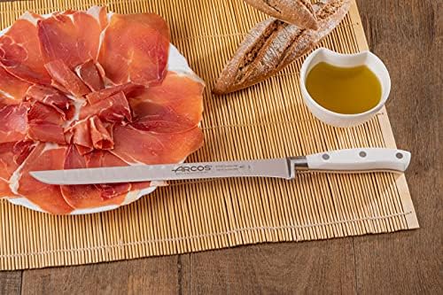 Arcos Forged Knife/Ham Knife 10 Inch Nitrum Stainless Steel and 250 mm blade. Ergonomic Polyoxymethylene POM Handle. Series Riviera Blanc. Thin blade with a characteristic smooth edge. Color White.