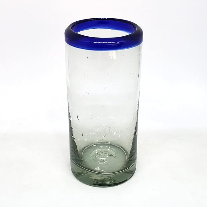 Cobalt Blue Rim 14 oz Highball Glasses (set of 6), Recycled Glass, Lead-free, Toxin-Free (Highball)