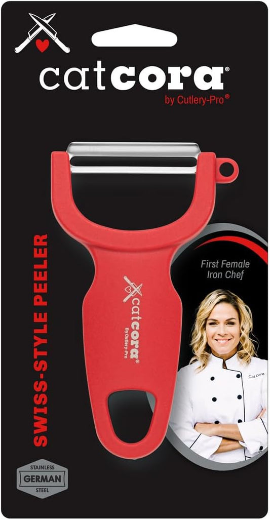 CatCora Swiss-Style Peeler, Professional German Tempered Stainless Steel Blade For Peeling Fruits and Vegetables and Garnishing, Ergonomic Contoured Handle, Red