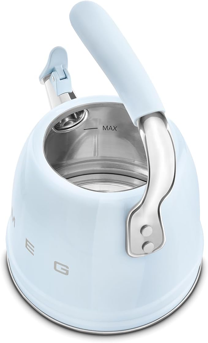 SMEG Stovetop Whistling Kettle – 50s Retro Style, 2.3 Liter (10 Cup / 2.4 Quart) Stainless Steel Tea Kettle with Iconic Design & Whistle – Premium Kitchen Statement Piece-Pastel Blue