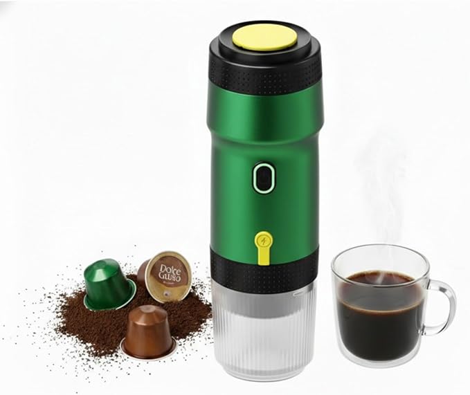 Chefnificent Portable Espresso Maker – 20 Bar Pressure Mini Coffee Machine, Battery Operated, Compatible with Ground Coffee and Select Pods, Includes Car Charger, for Hot & Iced Coffee (Green)