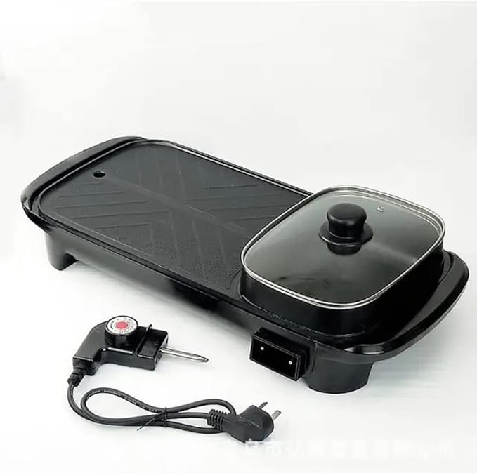 Electric 2 in 1 Grill with Shabu Shabu Hot Pot. Multifunctional Indoor Teppanyaki Korean BBQ Capacity for 2-10 People