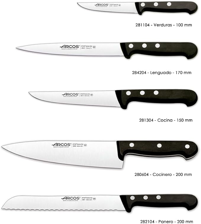 ARCOS Knife Set 5 pieces Nitrum Stainless Steel. Greater cutting power. Pine Wood Block. Ergonomic Polyoxymethylene POM Handle. Series Universal. Greater control. Color Black