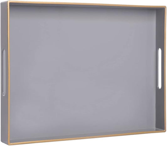 MAONAME Gray Serving Tray with Handles, Rectangular Decorative Tray, Modern Coffee Table Trays, Plastic Ottoman Trays for Bathroom, Decor, 15.7” x 11.8” x 1.57"