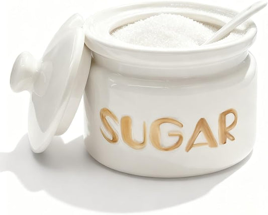 Sugar Bowl with Lid and Spoon, 10oz Ceramic Sugar Container Jar - Modern Farmhouse Style for Coffee Bar, Tea Station, Kitchen Countertop & Dining Table Decor, White