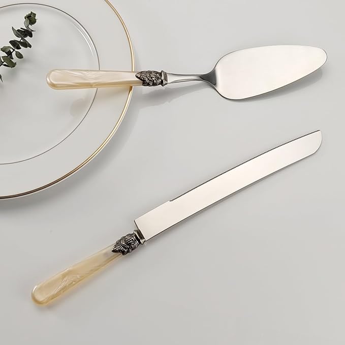CATHYLIN Wedding Cake Knife and Serve Set, Fancy Hand Craft Italian Style Design, Pearl Pie Knife Server Set, Vintage Silverware,Cake Cutter Set, Cake Knife Gift Set, 2 pcs (champagne)