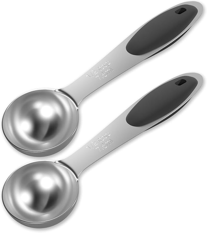 LEIFENY 2PCS 1/2 Tbsp(1.5tsp, 1/4oz, 7.5ml) Single Measuring Spoon with Black Silicone Grip, Stainless Steel Individual Measure Scoop Only