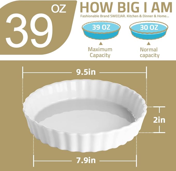 Sweejar Ceramic Pie Pan, 9.5 Inch Round, Wavelet Fringe Pie Dish, Non-Stick Baking Dish for Pumpkin, Apple and More
