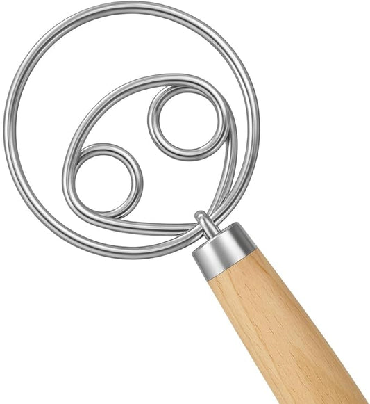 O'Creme Danish Dough Whisk - Two Eye Stainless Steel Bread Mixer with Wooden Handle - Sourdough Whisk for Baking Dough, Pizza, Pastries - Food-Grade, Dishwasher Safe