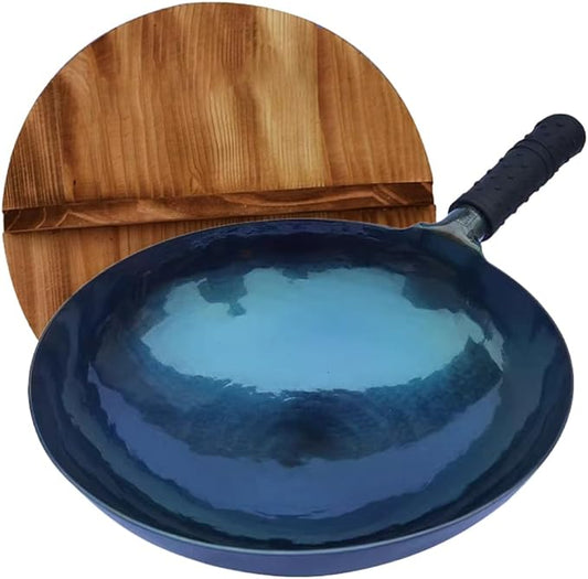Lvhop iron wok with lid,14 inch woks & stir-fry pans nonstick,chinese traditional pans for open fire,large cookwares,cooking,bbq,grill,camping,blue pre-seasoned round bottom wok (36cm)