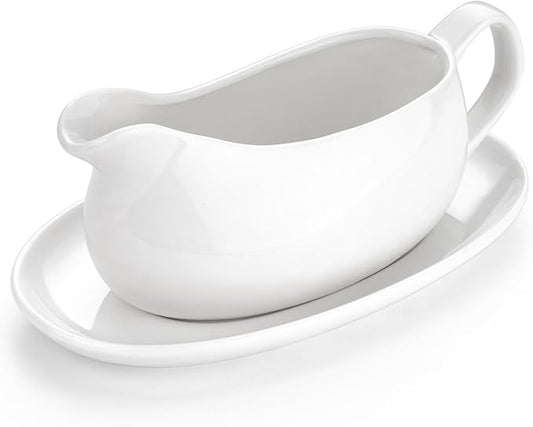 Gurygo Gravy Boat and Tray - 14oz Fine Porcelain Sauce & Salad Dressing Boat -Ceramic Sauce Boat for Gravy, Salad Dressings, Microwave & Freezer Safe (White)