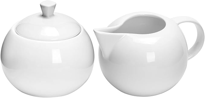 Sizikato Pure White Porcelain Sugar and Creamer Set, 14 Oz Salt Bowl with Lid and 10 Oz Creamer Pitcher