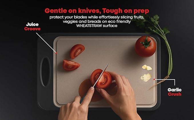 Titanium Cutting Board for Kitchen with Knife Sharpner, Stainless Steel Large Size 14’’×9.6’’ Double Sided Food Grade, Pure Titanium and Wheat Straw PP, Easy to Clean, Anti Slip