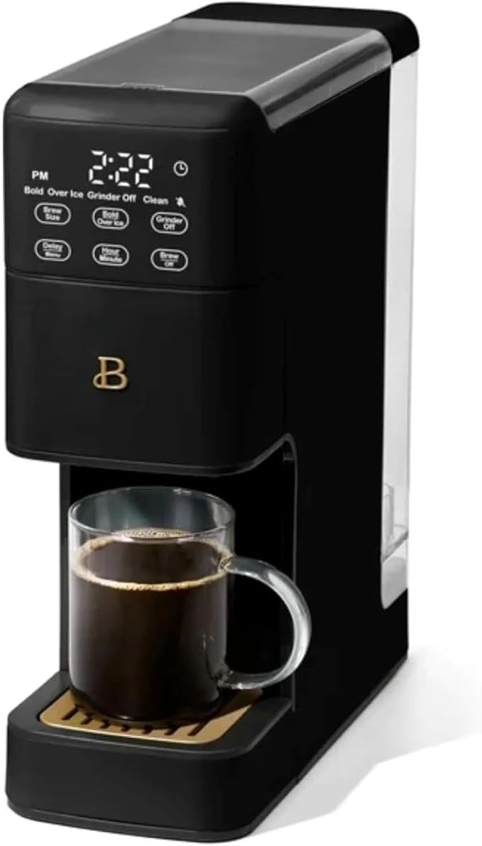 Beautiful Perfect Grind Programmable Single Serve Coffee Maker, Burr Grinder, 64 oz Reservoir, 6 Brew Sizes by Drew Barrymore (Black Sesame)
