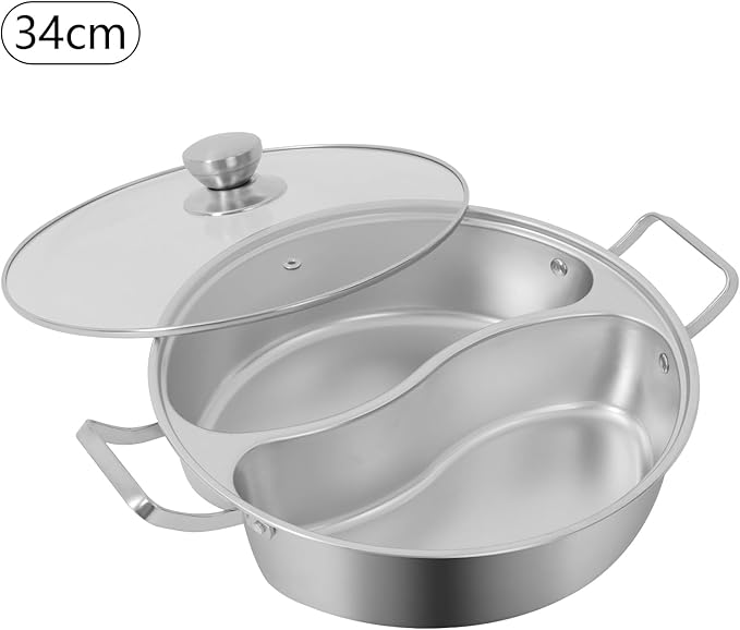 Double-flavor Hot Pot, Stainless Steel Soup Cookware with Divider & Clear Lid, for Induction Cooktop, Gas Stove & Hot Burner Shabu Pot with Cooking Pot for Family Gathering Home Camping Party (12.8in)