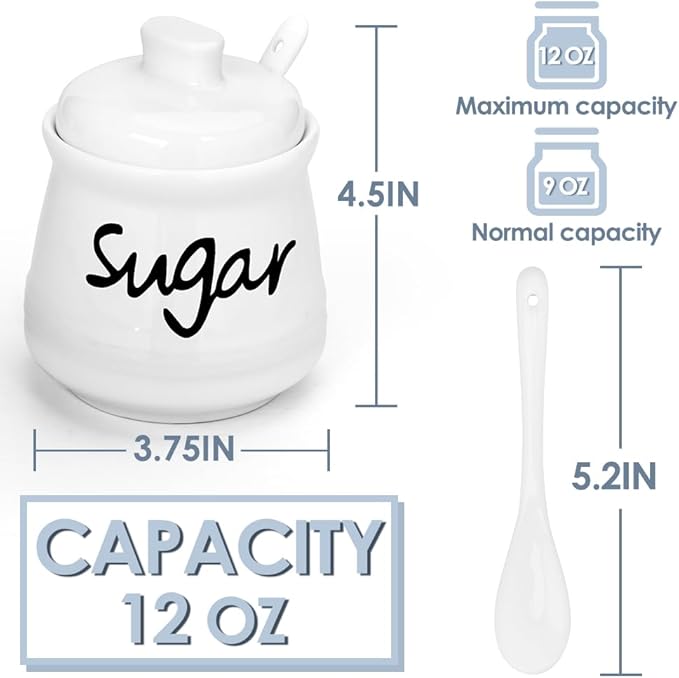 Ceramic Sugar Bowl with Lid and Spoon, 12 Ounces Porcelain Sugar Jar Sugar Dispenser, Sugar Container for Home and Kitchen Decor (White)